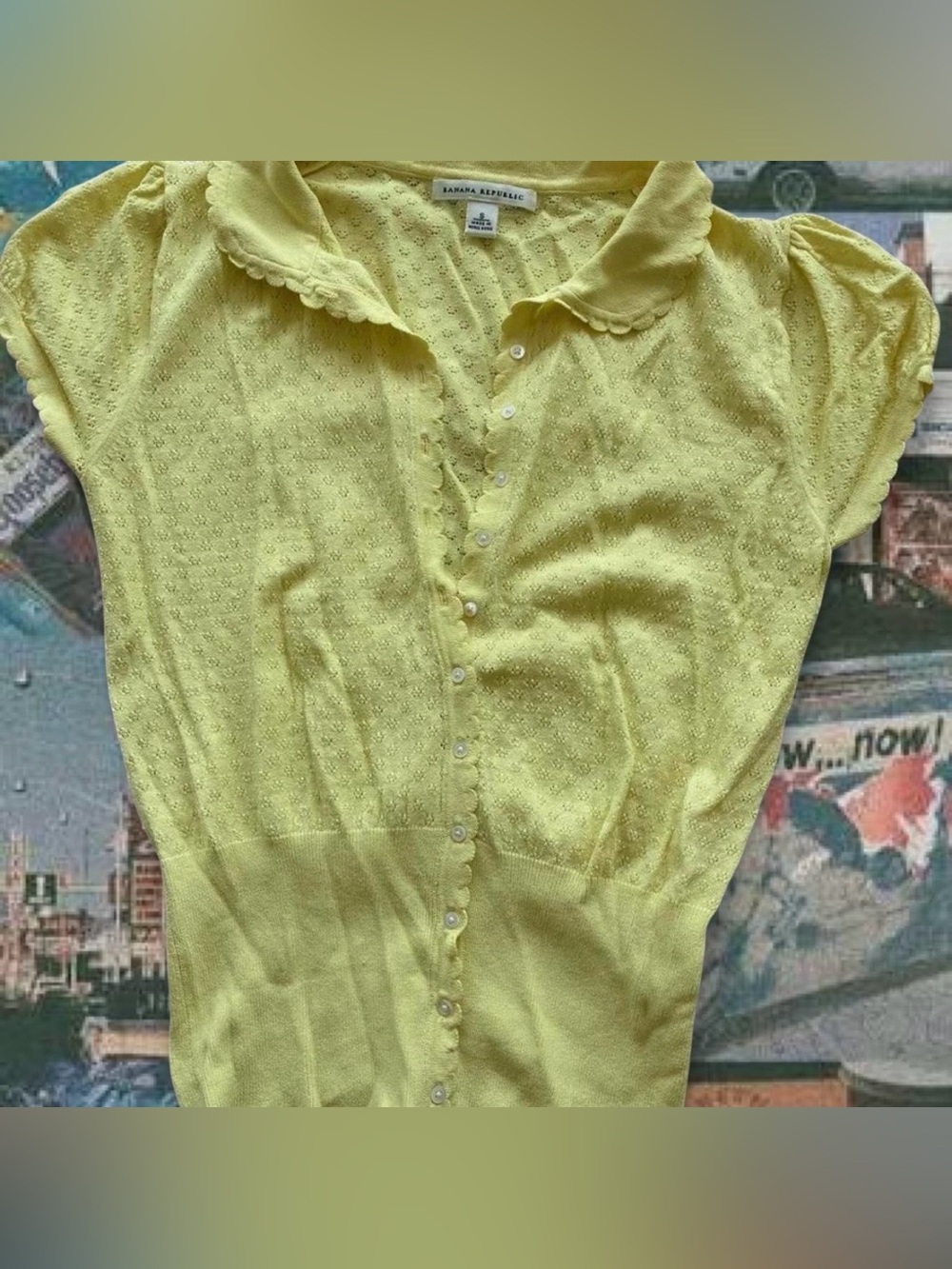 Banana Republic Women’s Yellow Scallop-Trim Knit Top Blouse Collar NWOT Sz XS